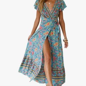 Boho Summer Side Split Deep V Neck Short Sleeves Maxi Dress with Belt